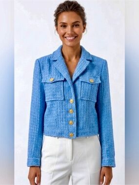 Aqua Sky Blue Tweed Cropped Blazer with Gold Buttons